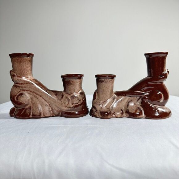 Frankoma Vintage Ceramic 304 Prairie Brown Double Candle Holder Set Of 2 - Picture 3 of 11